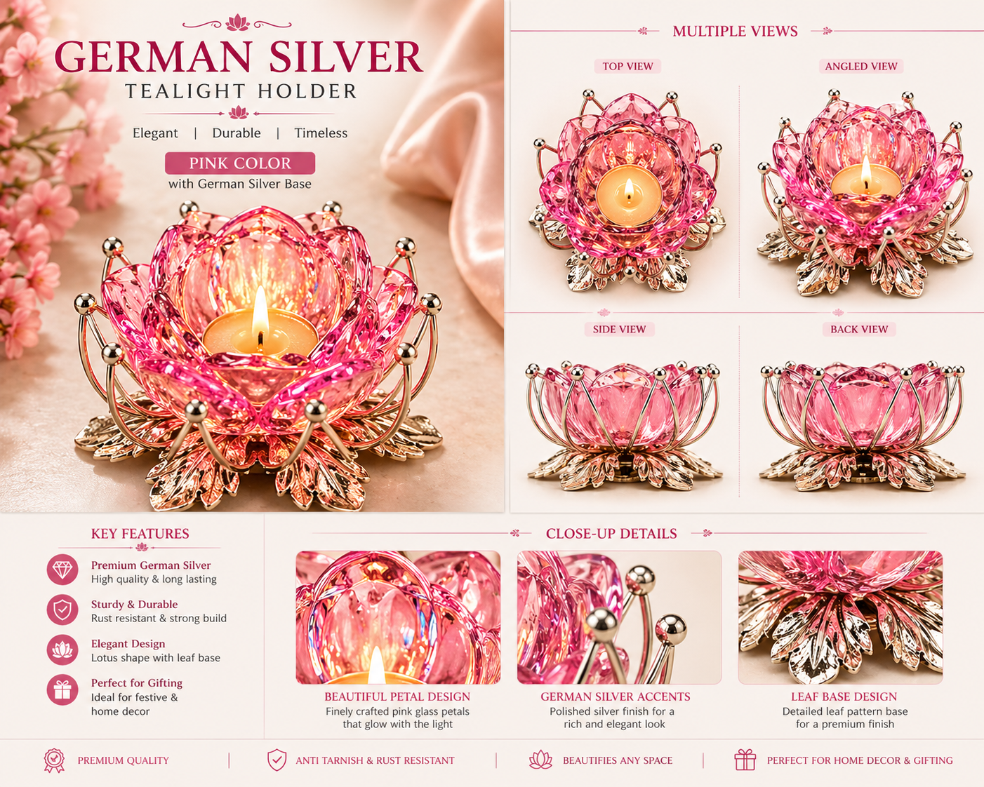 German Silver/ Pink Color Tealight Holder