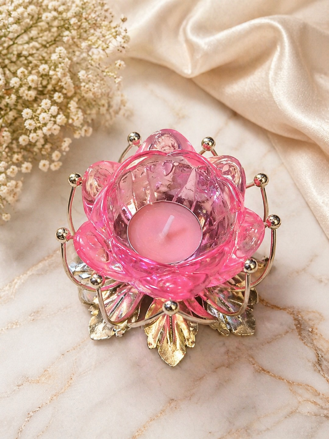 German Silver/ Pink Color Tealight Holder