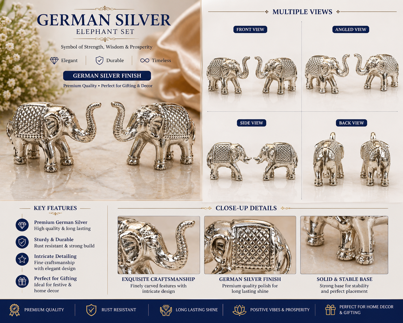 German Silver/ Solid Elephant Set