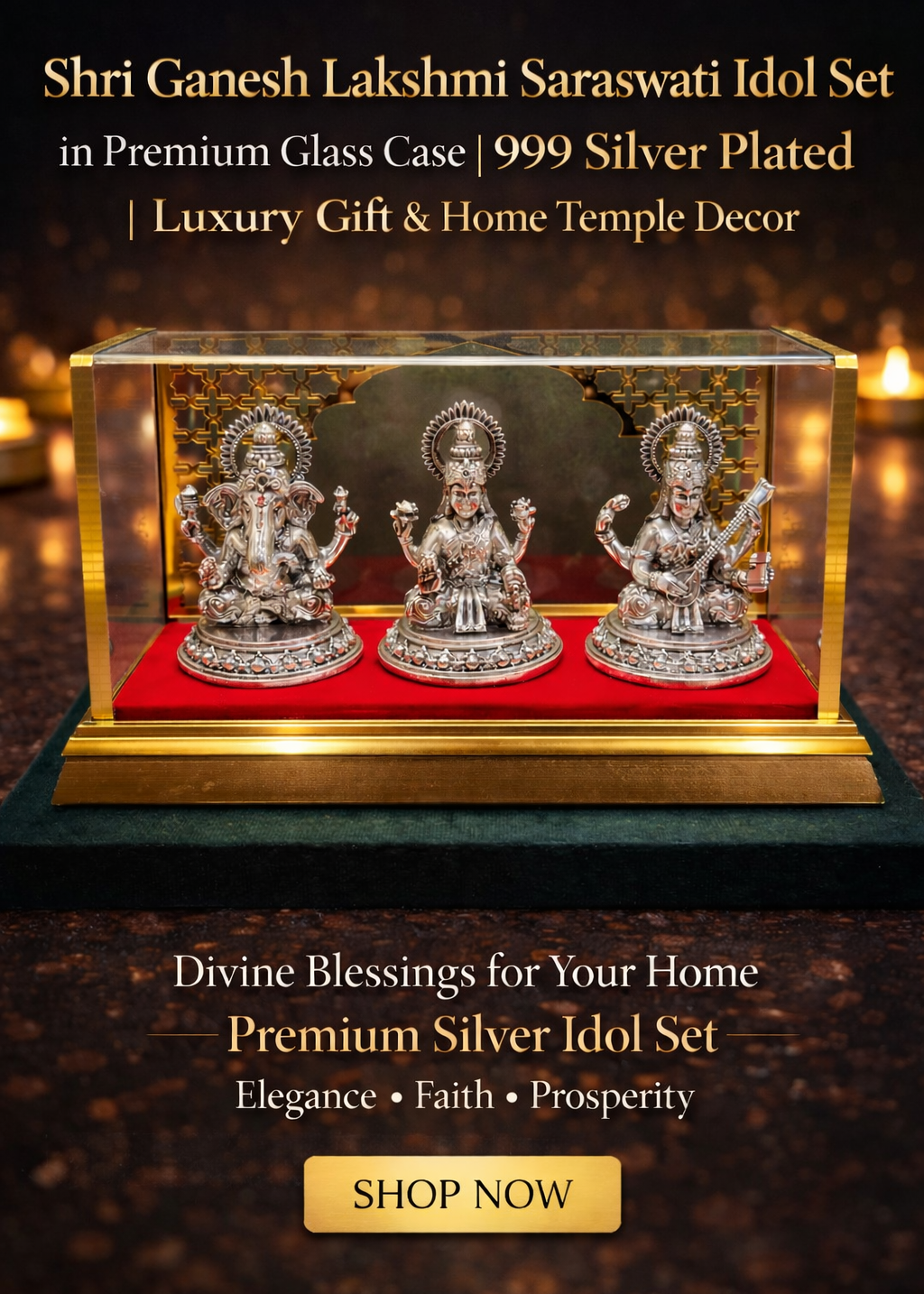 999 Silver Plated/ Shri Ganesh ji Lakshmi Ji Saeaswati ji Idol in Premium Glass Case