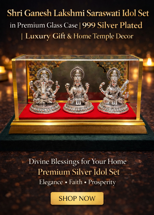 999 Silver Plated/ Shri Ganesh ji Lakshmi Ji Saeaswati ji Idol in Premium Glass Case
