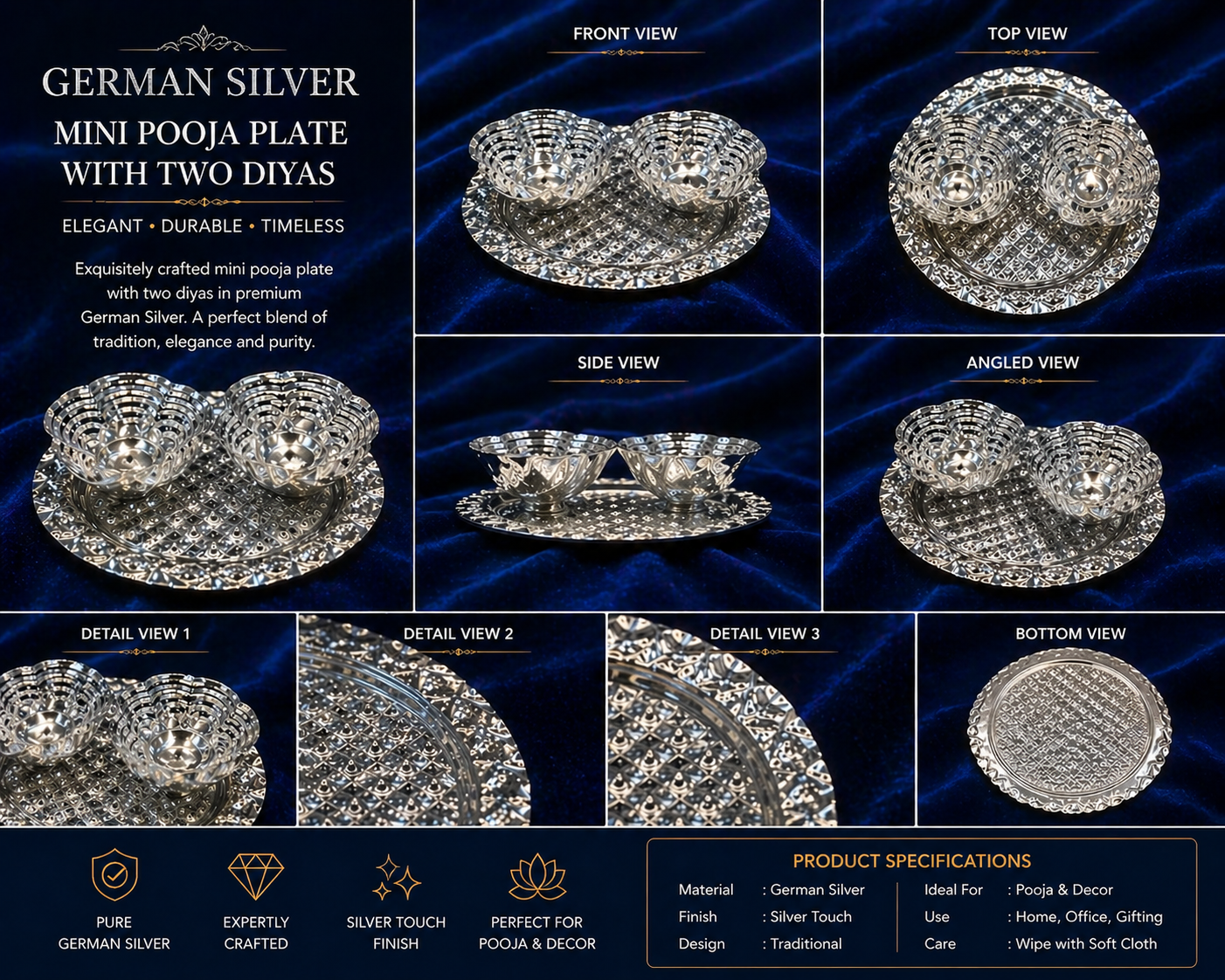 German Silver/ Mini Pooja Plat With Two Diyas