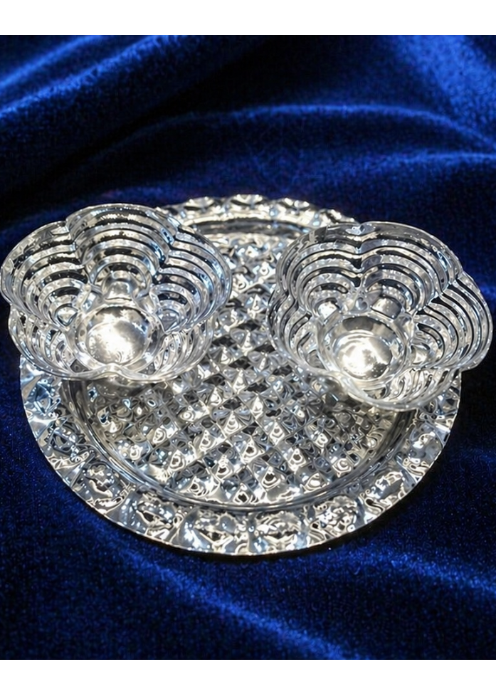 German Silver/ Mini Pooja Plat With Two Diyas