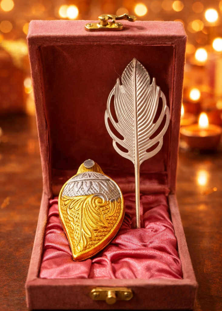 999 Silver Plated/ Mor Pankh Tilak Stick With Sindur Dani With Gift Box