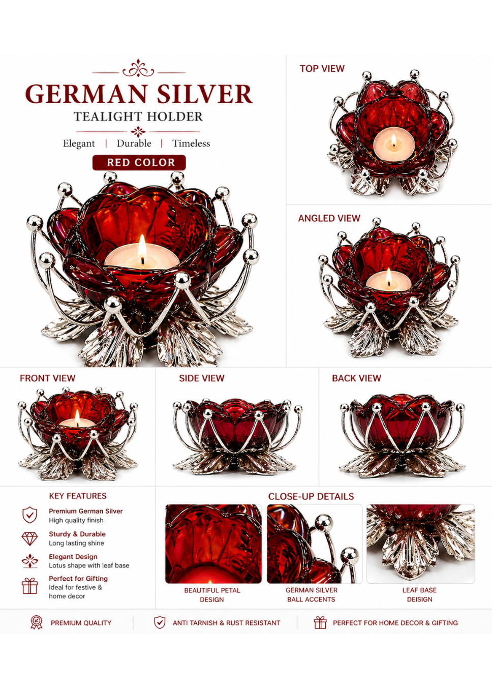 German Silver/ Red Color Tealight Holder