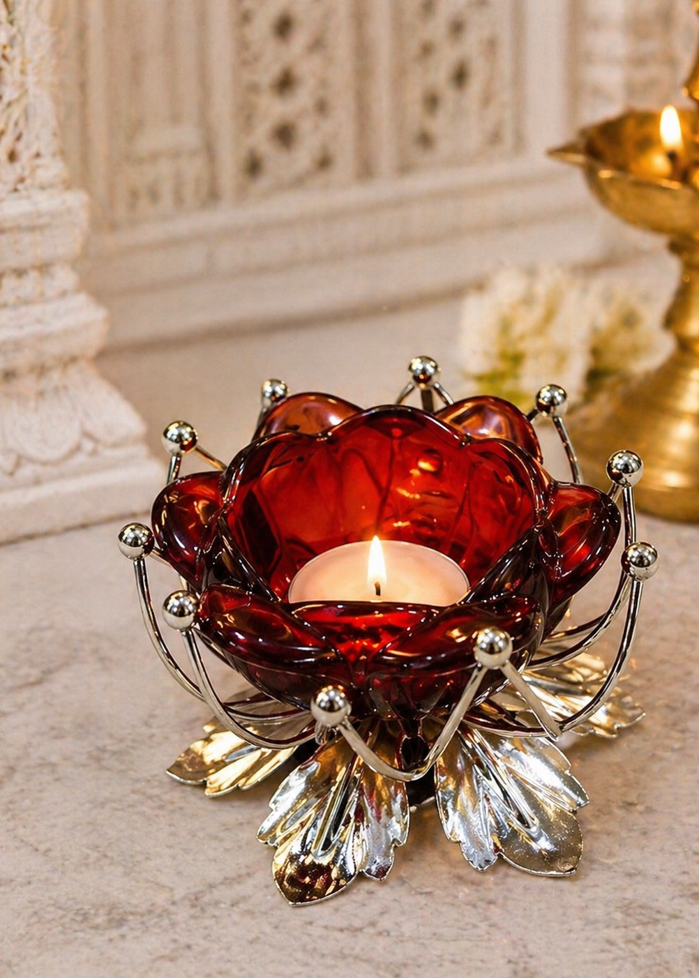 German Silver/ Red Color Tealight Holder