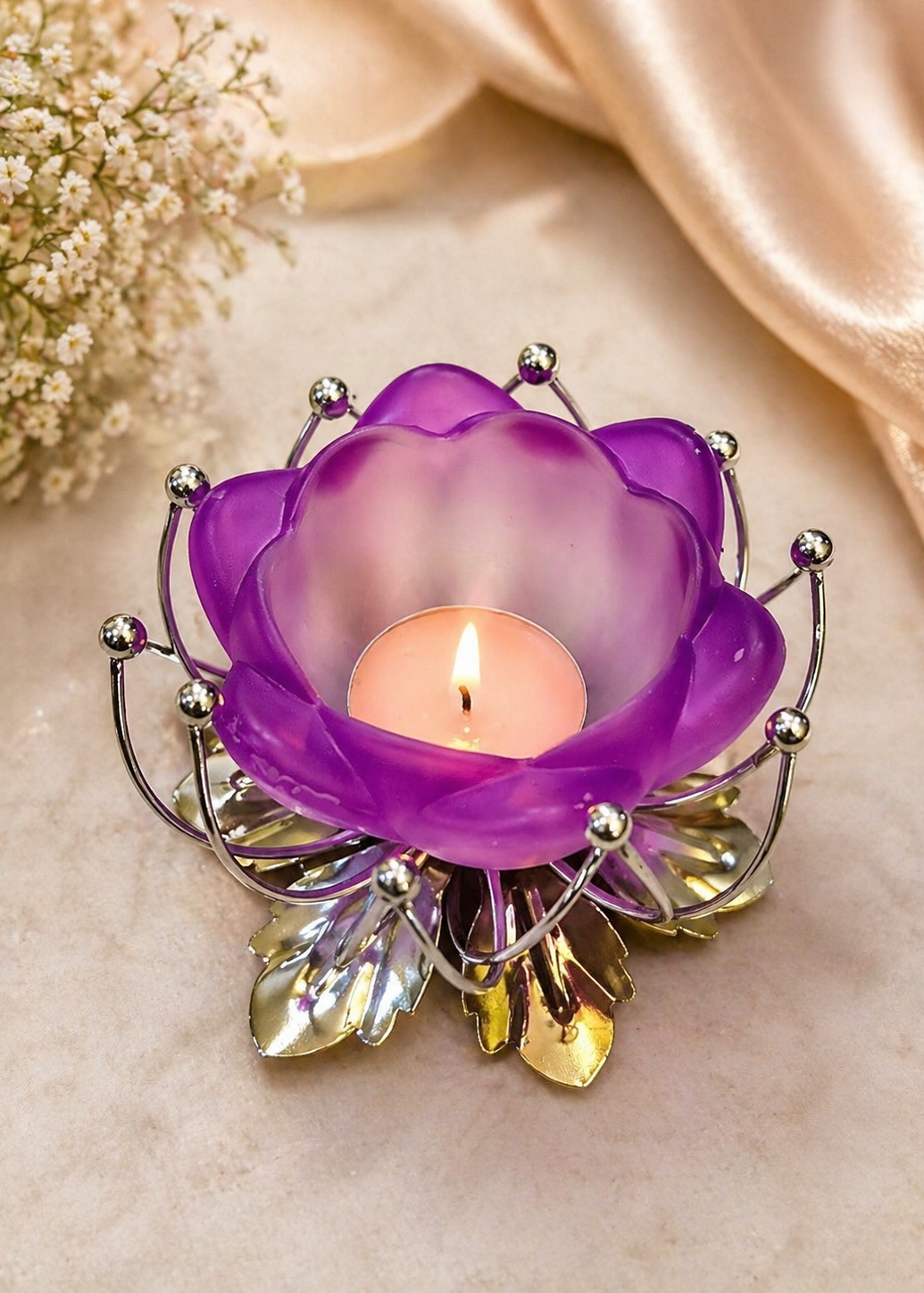 German Silver/ Purple Color Tealight Holder