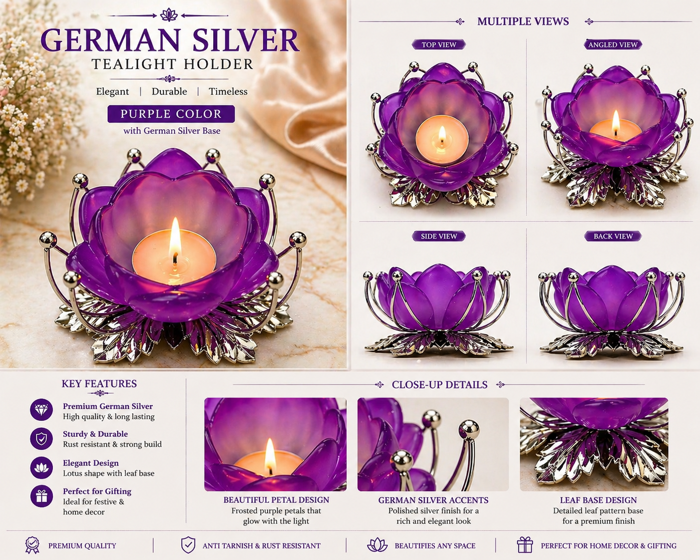 German Silver/ Purple Color Tealight Holder