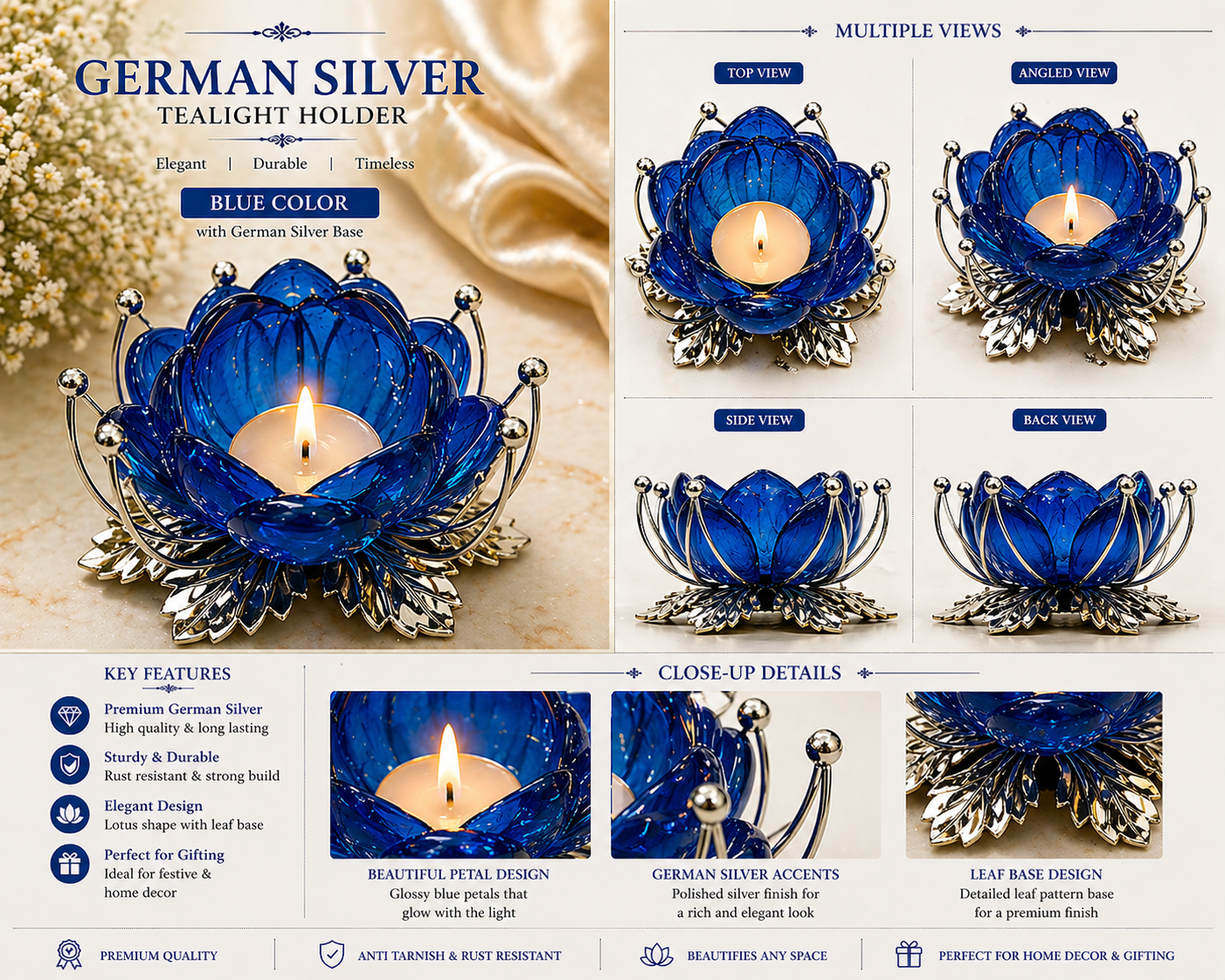 German Silver/ Blue Color Tealight Holder